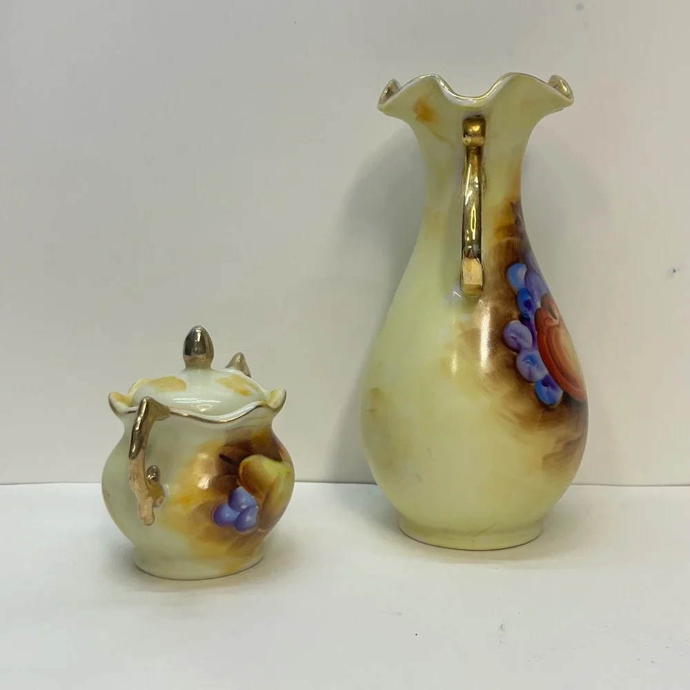 Vintage Enesco‎ Japan Ceramic Fruit Vase and Sugar Bowl Set Gold Trim E2350
